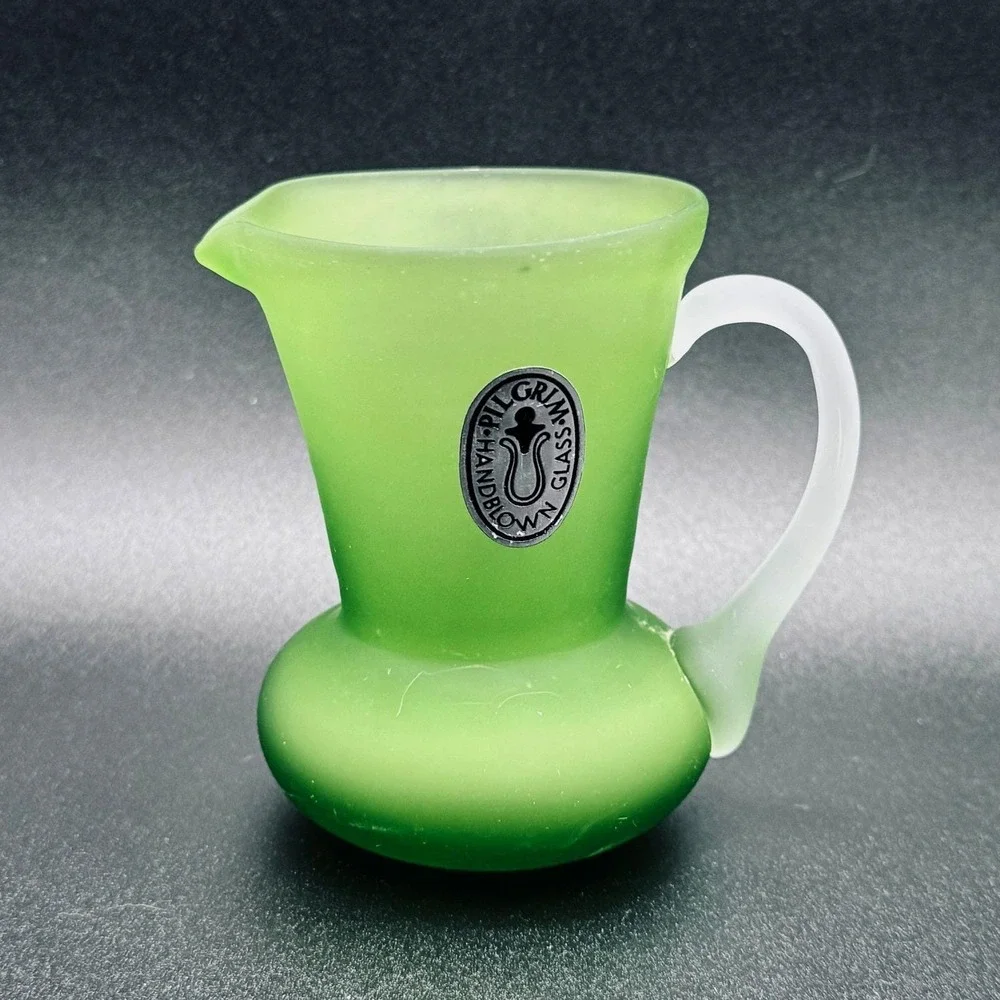 Pilgrim Glass‎ Handblown Frosted Satin Lime Green Mini Pitcher Vintage Name Tag